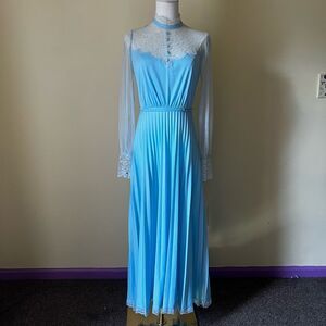 Vintage 70s Blue Lace‎ Long Sleeve Nightgown Hostess Dress Victorian Small
